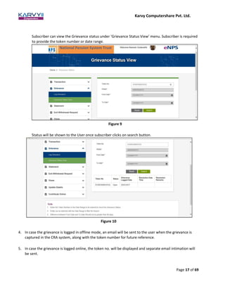 Karvy Computershare Pvt. Ltd.
Page 17 of 69
Subscriber can view the Grievance status under ‘Grievance Status View’ menu. Subscriber is required
to provide the token number or date range.
Status will be shown to the User once subscriber clicks on search button.
4. In case the grievance is logged in offline mode, an email will be sent to the user when the grievance is
captured in the CRA system, along with the token number for future reference.
5. In case the grievance is logged online, the token no. will be displayed and separate email intimation will
be sent.
Figure 9
Figure 10
 