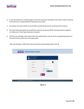 Karvy Computershare Pvt. Ltd.
Page 18 of 69
6. In case the grievance is raised through a call centre executive, the details of the token number would be
sent to the user on whose behalf the grievance was raised.
7. A customer care team will be set-up at CRA to resolve the grievances raised by various entities.
8. This team will be grouped into pre-defined customer care groups (CCG). Each group will be assigned
to handle one or more type of grievance requests.
9. The CCG user will login to the system after due authentication and see all the unassigned grievances at
that point of time under view and assign option.
CRA user will login in CRA HO to view the Grievance by providing his/her User ID.
Figure 11
 