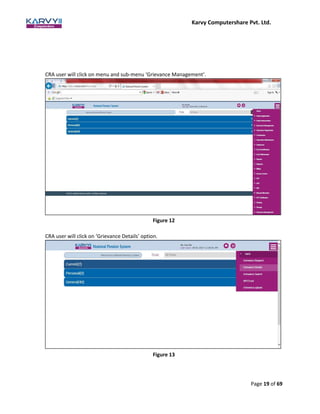 Karvy Computershare Pvt. Ltd.
Page 19 of 69
CRA user will click on menu and sub-menu ‘Grievance Management’.
CRA user will click on ‘Grievance Details’ option.
Figure 13
Figure 12
 