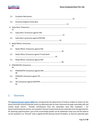 Karvy Computershare Pvt. Ltd.
Page 2 of 69
3.3 Escalation Mechanism:
............................................................................................................................. 10
3.4 Grievance Diagram Entity Wise
................................................................................................................ 11
4. Subscribers’ Grievances: .............................................................................................................................
12
4.1 Subscribers’ Grievances against CRA:
....................................................................................................... 12
4.2 Subscribers’ grievances against POP/ASP:
................................................................................................ 24
5. Nodal Offices’ Grievances: ..........................................................................................................................
34
5.1 Nodal Offices’ Grievances against CRA
..................................................................................................... 34
5.2 Nodal offices’ Grievances against Trustee Bank
....................................................................................... 43
5.3 Nodal Offices’ Grievances against POP
..................................................................................................... 48
6. PFM/ASP/TB’s Grievances: .........................................................................................................................
49
6.1 PFM/ASP/TB’s Grievances against CRA ..............................................................................................
49
6.2 PFM/ASP’s Grievances against TB ......................................................................................................
54
6.3 TB’s Grievances against ASP/PFM ......................................................................................................
62
1. Overview
The National Pension System (NPS) was introduced by the Government of India to enable its citizens (in the
Government/All-citizen/Corporate sector) to effectively plan for their retirement through reasonably safe and
market based returns. Periodic contributions from the subscribers (and their employers – for
Government/Corporate sector), are invested in Pension Funds chosen by the subscriber from the approved list.
On attaining superannuation, part of the accumulated wealth can be withdrawn lump-sum and the balance
can be invested in an “Annuity” with a registered ASP (Annuity Service Provider), so that the subscriber gets
 