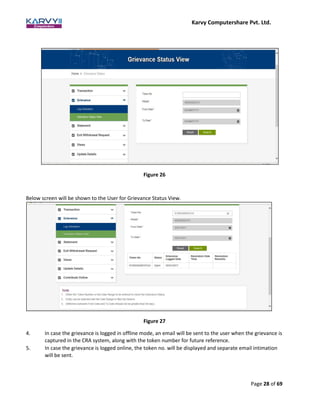 Karvy Computershare Pvt. Ltd.
Page 28 of 69
Figure 26
Below screen will be shown to the User for Grievance Status View.
Figure 27
4. In case the grievance is logged in offline mode, an email will be sent to the user when the grievance is
captured in the CRA system, along with the token number for future reference.
5. In case the grievance is logged online, the token no. will be displayed and separate email intimation
will be sent.
 