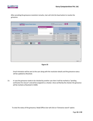 Karvy Computershare Pvt. Ltd.
Page 32 of 69
After providing the grievance resolution remarks, User will click the Save button to resolve the
grievance.
Email intimation will be sent to the user along with the resolution details and the grievance status
will be updated as Resolved.
13. In case the grievance needs to be checked by another user then it will be marked as “pending
verification for closure” and will be assigned to a checker. Once verified by the checker the grievance
will be marked as Resolved in CGMS.
To view the status of the grievance, Nodal Office User will click on ‘Grievance search’ option.
Figure 33
 