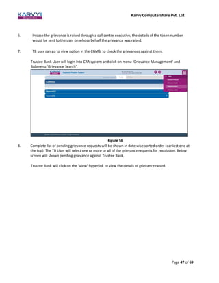 Karvy Computershare Pvt. Ltd.
Page 47 of 69
6. In case the grievance is raised through a call centre executive, the details of the token number
would be sent to the user on whose behalf the grievance was raised.
7. TB user can go to view option in the CGMS, to check the grievances against them.
Trustee Bank User will login into CRA system and click on menu ‘Grievance Management’ and
Submenu ‘Grievance Search’.
Figure 56
8. Complete list of pending grievance requests will be shown in date wise sorted order (earliest one at
the top). The TB User will select one or more or all of the grievance requests for resolution. Below
screen will shown pending grievance against Trustee Bank.
Trustee Bank will click on the ‘View’ hyperlink to view the details of grievance raised.
 
