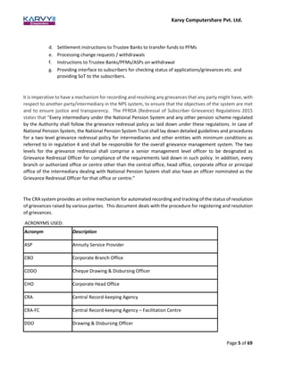 Karvy Computershare Pvt. Ltd.
Page 5 of 69
d. Settlement instructions to Trustee Banks to transfer funds to PFMs
e. Processing change requests / withdrawals
f. Instructions to Trustee Banks/PFMs/ASPs on withdrawal
g. Providing interface to subscribers for checking status of applications/grievances etc. and
providing SoT to the subscribers.
It is imperative to have a mechanism for recording and resolving any grievances that any party might have, with
respect to another party/intermediary in the NPS system, to ensure that the objectives of the system are met
and to ensure justice and transparency. The PFRDA (Redressal of Subscriber Grievance) Regulations 2015
states that “Every intermediary under the National Pension System and any other pension scheme regulated
by the Authority shall follow the grievance redressal policy as laid down under these regulations. In case of
National Pension System, the National Pension System Trust shall lay down detailed guidelines and procedures
for a two level grievance redressal policy for intermediaries and other entities with minimum conditions as
referred to in regulation 4 and shall be responsible for the overall grievance management system. The two
levels for the grievance redressal shall comprise a senior management level officer to be designated as
Grievance Redressal Officer for compliance of the requirements laid down in such policy. In addition, every
branch or authorized office or centre other than the central office, head office, corporate office or principal
office of the intermediary dealing with National Pension System shall also have an officer nominated as the
Grievance Redressal Officer for that office or centre.”
The CRA system provides an online mechanism for automated recording and tracking of the status of resolution
of grievances raised by various parties. This document deals with the procedure for registering and resolution
of grievances.
ACRONYMS USED:
Acronym Description
ASP Annuity Service Provider
CBO Corporate Branch Office
CDDO Cheque Drawing & Disbursing Officer
CHO Corporate Head Office
CRA Central Record-keeping Agency
CRA-FC Central Record-keeping Agency – Facilitation Centre
DDO Drawing & Disbursing Officer
 