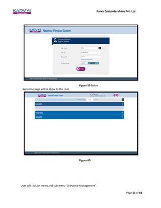Karvy Computershare Pvt. Ltd.
Page 51 of 69
Figure 59 Below
Welcome page will be show to the User.
Figure 60
User will click on menu and sub-menu ‘Grievance Management’.
 