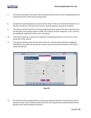 Karvy Computershare Pvt. Ltd.
Page 54 of 69
7. The CCG user will login to the system after due authentication and see all the unassigned grievances
at that point of time under view and assign option.
8. Complete list of pending grievance requests will be shown in date wise sorted order (earliest one at
the top). The CRA user will select one or more or all of the grievance requests for resolution.
9. The CRA user will then select the one of the assigned grievance requests from the assigned list from
the Resolution and Escalation option in CGMS. Once request has been assigned to a user, it will not
be available for assignment to other users in the group.
10. There will be option for a supervisor to assign the unassigned grievances to any active user of the
group after certain interval.
11. The request resolution screen will be shown to the user, with the details of grievance logged by
PFM/ASP/TB. Once CRA User provide the resolution and close the grievance below screen will be
shown the CRA User:
Figure 65
12. The resolution will be provided based on the grievance type and the status of the grievance will be
marked as closed. Email intimation will be sent to the user along with the resolution details and the
grievance status will be updated as Resolved.
 