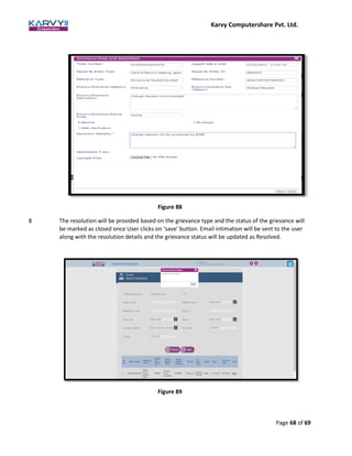 Karvy Computershare Pvt. Ltd.
Page 68 of 69
Figure 88
8 The resolution will be provided based on the grievance type and the status of the grievance will
be marked as closed once User clicks on ‘save’ button. Email intimation will be sent to the user
along with the resolution details and the grievance status will be updated as Resolved.
Figure 89
 