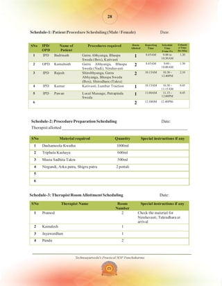 Technoayurveda's Practical SOP Panchakarma
Schedule-1: Patient Procedure Scheduling (Male / Female) Date:
Schedule-2: Proc...