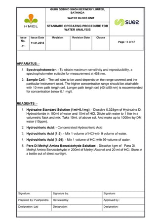 GURU GOBIND SINGH REFINERY LIMITED,
BATHINDA
WATER BLOCK UNIT
STANDARD OPERATING PROCEDURE FOR
WATER ANALYSIS
Issue
No.
01
Issue Date
11.01.2018
Revision Revision Date Clause
Page 14 of 57
Signature: Signature by: Signature:
Prepared by: Pushpendra Reviewed by: Approved by :
Designation: Lab Designation: Designation:
APPARATUS: -
1. Spectrophotometer: - To obtain maximum sensitivity and reproducibility, a
spectrophotometer suitable for measurement at 458 nm.
2. Sample Cell: - The cell size to be used depends on the range covered and the
particular instrument used. The higher concentration range should be attainable
with 10-mm path length cell. Longer path length cell (40 to50 nm) is recommended
for concentration below 0.1 mg/l.
REAGENTS: -
1. Hydrazine Standard Solution (1ml=0.1mg): - Dissolve 0.328gm of Hydrazine Di
Hydrochloride in 100ml of water and 10ml of HCl. Dilute with water to 1 liter in a
volumetric flask and mix. Take 10ml. of above sol. And make up to 1000ml by DM
water (10ppm).
2. Hydrochloric Acid: - Concentrated Hydrochloric Acid
3. Hydrochloric Acid (1:9): - Mix 1 volume of HCl with 9 volume of water.
4. Hydrochloric Acid (1:99): - Mix 1 volume of HCl with 99 volume of water.
5. Para Di Methyl Amino Benzaldehyde Solution: - Dissolve 4gm of Para Di
Methyl Amino Benzaldehyde in 200ml of Methyl Alcohol and 20 ml of HCl. Store in
a bottle out of direct sunlight.
 