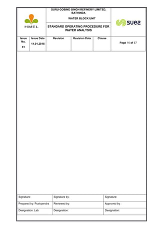 GURU GOBIND SINGH REFINERY LIMITED,
BATHINDA
WATER BLOCK UNIT
STANDARD OPERATING PROCEDURE FOR
WATER ANALYSIS
Issue
No.
01
Issue Date
11.01.2018
Revision Revision Date Clause
Page 16 of 57
Signature: Signature by: Signature:
Prepared by: Pushpendra Reviewed by: Approved by :
Designation: Lab Designation: Designation:
 