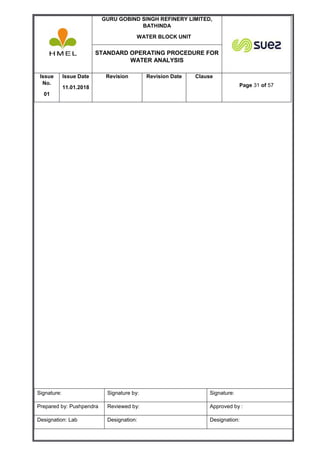 GURU GOBIND SINGH REFINERY LIMITED,
BATHINDA
WATER BLOCK UNIT
STANDARD OPERATING PROCEDURE FOR
WATER ANALYSIS
Issue
No.
01
Issue Date
11.01.2018
Revision Revision Date Clause
Page 31 of 57
Signature: Signature by: Signature:
Prepared by: Pushpendra Reviewed by: Approved by :
Designation: Lab Designation: Designation:
 