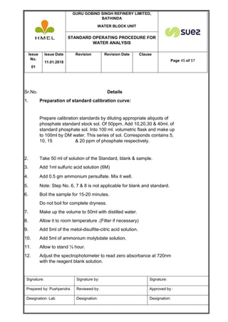 GURU GOBIND SINGH REFINERY LIMITED,
BATHINDA
WATER BLOCK UNIT
STANDARD OPERATING PROCEDURE FOR
WATER ANALYSIS
Issue
No.
01
Issue Date
11.01.2018
Revision Revision Date Clause
Page 45 of 57
Signature: Signature by: Signature:
Prepared by: Pushpendra Reviewed by: Approved by :
Designation: Lab Designation: Designation:
Sr.No. Details
1. Preparation of standard calibration curve:
Prepare calibration standards by diluting appropriate aliquots of
phosphate standard stock sol. Of 50ppm, Add 10,20,30 & 40ml. of
standard phosphate sol. Into 100 ml. volumetric flask and make up
to 100ml by DM water. This series of sol. Corresponds contains 5,
10, 15 & 20 ppm of phosphate respectively.
2. Take 50 ml of solution of the Standard, blank & sample.
3. Add 1ml sulfuric acid solution (6M)
4. Add 0.5 gm ammonium persulfate. Mix it well.
5. Note: Step No. 6, 7 & 8 is not applicable for blank and standard.
6. Boil the sample for 15-20 minutes.
Do not boil for complete dryness.
7. Make up the volume to 50ml with distilled water.
8. Allow it to room temperature .(Filter if necessary)
9. Add 5ml of the metol-disulfite-citric acid solution.
10. Add 5ml of ammonium molybdate solution.
11. Allow to stand ½ hour.
12. Adjust the spectrophotometer to read zero absorbance at 720nm
with the reagent blank solution.
 