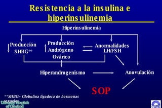 Resistencia a la insulina e hiperinsulinemia Producci ón SHBG** SOP Anormalidades LH/FSH Hiperandrogenismo Anovulación Producci ón  Andr ógeno  Ovárico Hiperinsulinemia **SHBG= Globulina ligadora de hormonas sexuales 