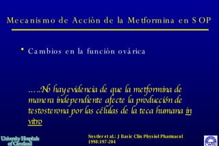 Mecanismo de Acción de la Metformina en SOP Cambios en la función ovárica   … ..No hay evidencia de que la metformina de manera independiente afecte la producción de testosterona por las células de la teca humana  in vitro   Nestler et al.: J Basic Clin Physiol Pharmacol 1998:197-204 