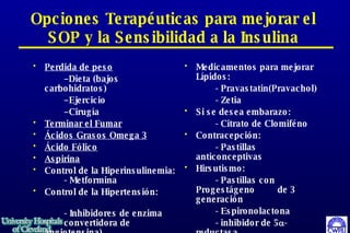 Perdida de peso – Dieta (bajos carbohidratos) – Ejercicio – Cirugía Terminar el Fumar Ácidos Grasos Omega 3 Ácido Fólico Aspirina Control de la Hiperinsulinemia:  - Metformina Control de la Hipertensión:  - Inhibidores de enzima  convertidora de  angiotensina) Medicamentos para mejorar Lípidos:  - Pravastatin(Pravachol) - Zetia  Si se desea embarazo: - Citrato de Clomiféno Contracepción : - Pastillas anticonceptivas Hirsutismo : - Pastillas con Progestágeno  de 3 generaci ón - Espironolactona  - inhibidor de 5  -reductasa   Opciones Terapéuticas para mejorar el SOP y la Sensibilidad a la Insulina 