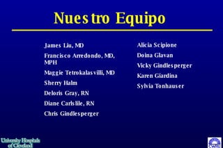 Nuestro Equipo James Liu, MD Francisco Arredondo, MD, MPH Maggie Tetrokalasvilli, MD Sherry Halm Deloris Gray, RN Diane Carlslile, RN Chris Gindlesperger Alicia Scipione Doina Glavan Vicky Gindlesperger Karen Giardina Sylvia Tonhauser 