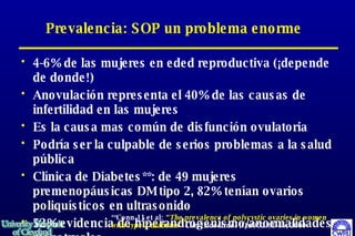 Prevalencia: SOP un problema enorme  4-6% de las mujeres en eded reproductiva (¡depende de donde!) Anovulación representa el 40% de las causas de infertilidad en las mujeres Es la causa mas común de disfunción ovulatoria Podría ser la culpable de serios problemas a la salud pública Clínica de Diabetes**: de 49 mujeres premenopáusicas DM tipo 2, 82% tenían ovarios poliquísticos en ultrasonido 52% evidencia de hiperandrogenismo/anormalidades menstruales  **Conn JJ et al:  “The prevalence of polycystic ovaries in women with type 2 diabetes”  Clin Endocrinol (Oxf)  52:81-86, 2000 