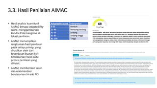 3.3. Hasil Penilaian AIMAC
• Hasil analisis kuantitatif
AIMAC berupa adaptability
score, menggambarkan
kondisi EbA mangrove di
lokasi penilaian.
• AIMAC menampilkan
rangkuman hasil penilaian
pada setiap prinsip, yang
dhasilkan oleh dari
kecerdasan buatan (AI)
berdasarkan hasil pada
proses penilaian yang
diinput.
• AIMAC memberikan saran
dan rekomendasi
berdasarkan hirarki PCI.
Adaptability score Interpretasi
0-20 Rendah
21-40 Rendang-sedang
41-60 Sedang
61-80 Sedang-tinggi
81-100 Tinggi
 