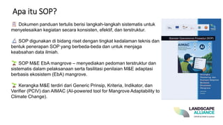 Apa itu SOP?
Dokumen panduan tertulis berisi langkah-langkah sistematis untuk
menyelesaikan kegiatan secara konsisten, efektif, dan terstruktur.
SOP digunakan di bidang riset dengan tingkat kedalaman teknis dan
bentuk penerapan SOP yang berbeda-beda dan untuk menjaga
keabsahan data ilmiah.
SOP M&E EbA mangrove – menyediakan pedoman terstruktur dan
sistematis dalam pelaksanaan serta fasilitasi penilaian M&E adaptasi
berbasis ekosistem (EbA) mangrove.
Kerangka M&E terdiri dari Generic Prinsip, Kriteria, Indikator, dan
Verifier (PCIV) dan AIMAC (AI-powered tool for Mangrove Adaptability to
Climate Change).
 