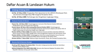 UU No. 16 Tahun 2016: Pengesahan Paris Agreement to the UNFCCC (Persetujuan Paris
atas Konvensi Kerangka Kerja PBB mengenai Perubahan Iklim).
UU No. 32 Tahun 2009: Perlindungan dan Pengelolaan Lingkungan Hidup.
Undang-Undang (UU)
Perpres No. 110 Tahun 2025: Penyelenggaraan Instrumen Nilai Ekonomi Karbon (NEK) dan
Pengendalian Emisi Gas Rumah Kaca Nasional.
Perpres Nomor 98 Tahun 2021 tentang Nilai Ekonomi Karbon (NEK): Penyelenggaraan
pengendalian emisi dan memuat kerangka komponen perencanaan adaptasi perubahan iklim di
tingkat tapak yang erat kaitannya dengan jasa Lingkungan
Permen LHK No. 8 Tahun 2026): Menjadikan ketahanan bencana berbasis ekosistem (EbA) dan
Nature-based Solutions (NbS) sebagai fokus utama pengelolaan kawasan dan perhutanan sosial
Permen LHK No. 12 Tahun 2024: Penyelenggaraan Kontribusi yang Ditetapkan Secara Nasional
(Nationally Determined Contribution/NDC) dalam Penanganan Perubahan Iklim.
Permen LHK No. 7 Tahun 2018: Pedoman Kajian Kerentanan, Risiko, dan Dampak Perubahan Iklim.
Peraturan Presiden & Menteri
Roadmap NDC Adaptasi Perubahan Iklim: Peta jalan strategi pemenuhan komitmen kontribusi
nasional untuk adaptasi iklim.
National Adaptation Plan (NAP) 2026-2030: Rencana Aksi Nasional Adaptasi Perubahan Iklim
Republik Indonesia menuju jalur tahun 2035.
Rencana Aksi & Dokumen Strategis
Daftar Acuan & Landasan Hukum
 