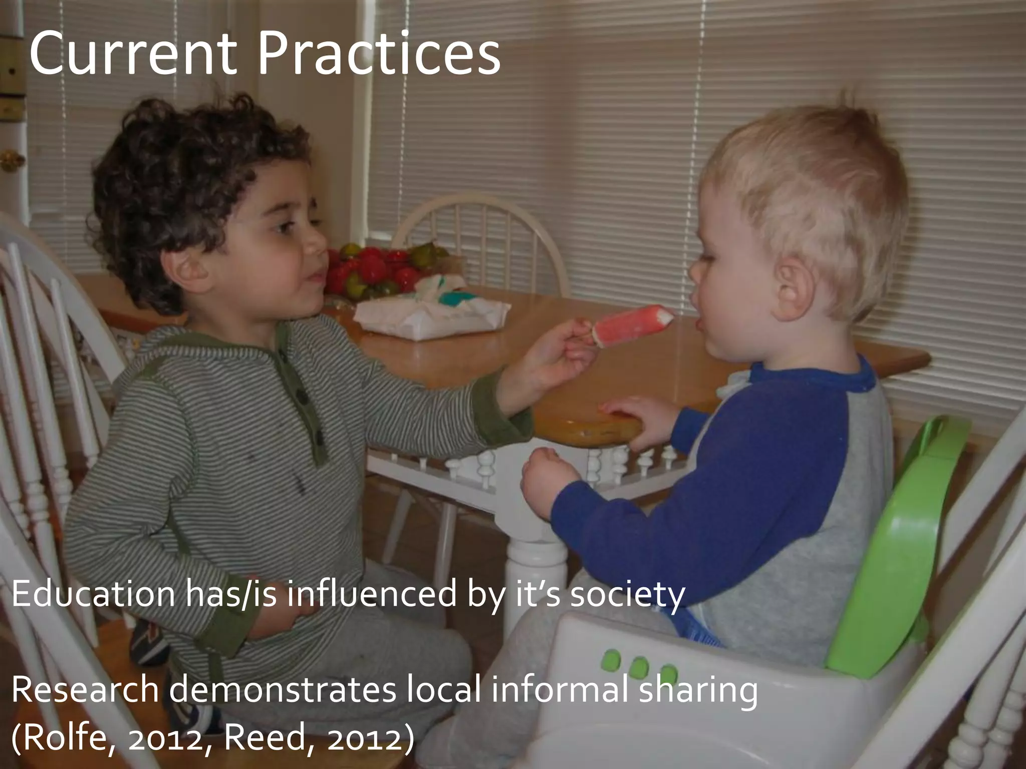 Current Practices




Education has/is influenced by it’s society

Research demonstrates local informal sharing
(Rolfe, 2012, Reed, 2012)
     @Reedyreedles
 