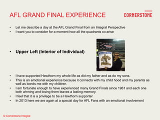 © Cornerstone Integral
AFL GRAND FINAL EXPERIENCE
• Let me describe a day at the AFL Grand Final from an Integral Perspective
• I want you to consider for a moment how all the quadrants co arise
• Upper Left (Interior of Individual)
• I have supported Hawthorn my whole life as did my father and as do my sons.
• This is an emotional experience because it connects with my child hood and my parents as
well as bonds me with my children.
• I am fortunate enough to have experienced many Grand Finals since 1961 and each one
both winning and losing them leaves a lasting memory.
• I feel that it is a privilege to be a Hawthorn supporter
• In 2013 here we are again at a special day for AFL Fans with an emotional involvement
 