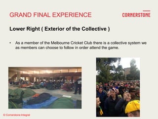 © Cornerstone Integral
GRAND FINAL EXPERIENCE
Lower Right ( Exterior of the Collective )
• As a member of the Melbourne Cricket Club there is a collective system we
as members can choose to follow in order attend the game.
 