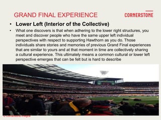 © Cornerstone Integral
GRAND FINAL EXPERIENCE
• Lower Left (Interior of the Collective)
• What one discovers is that when adhering to the lower right structures, you
meet and discover people who have the same upper left individual
perspectives with respect to supporting Hawthorn as you do. Those
individuals share stories and memories of previous Grand Final experiences
that are similar to yours and at that moment in time are collectively sharing
a cultural experience. This ultimately means a common cultural or lower left
perspective emerges that can be felt but is hard to describe
 