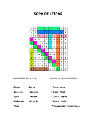 SOPA DE LETRAS<br />PALABRAS DE LA SOPA DE LETRAS                                  ORDENAR LAS SIGUIENTES PALABRAS                                                                                              <br />-Sequia                 -Ducha                                 * Gaau  -  Agua<br />-Conservar           - Consumo                          * Ogier  - Riego<br />-Agua                    - Ahorrar                             * Quesai - Sequia<br />-Reclamada          - Rastrojo                            * Chuda - Ducha <br />-Riego                                                                  * Convacinocer - Conservación<br />13677901090930Hola Andrés como te ha ido.Hola Andrés como te ha ido.42157651090930Hola Cristian que estás haciendo para cuidar el agua.Hola Cristian que estás haciendo para cuidar el agua.-518160-280670          Historieta sobre el agua0          Historieta sobre el agua1015365824230038347657385050<br />2009775-542925-60960-523875<br />21526503092450<br />101536512954000<br />4520565158750Si debemos echar las basuras en las canecas de la basura para tener un agua pura.0Si debemos echar las basuras en las canecas de la basura para tener un agua pura.1367790177800Estoy investigando como acabar con la mala contaminación del agua.0Estoy investigando como acabar con la mala contaminación del agua.<br />4177665275590-62293575565<br />4091940508005391152146300815340567055Y tú que piensas que debemos hacer para evitar que contaminen el medio y el agua.00Y tú que piensas que debemos hacer para evitar que contaminen el medio y el agua.4339590338455Deberíamos hacer unas obras de teatro para ver si las personas recapacitan. 0Deberíamos hacer unas obras de teatro para ver si las personas recapacitan. <br />44919904177665Y hacer obras de que como debemos aportar al medio ambiente. 00Y hacer obras de que como debemos aportar al medio ambiente. 4263390387286504177665542544011772904692015Empezaremos a repartir volantes. 0Empezaremos a repartir volantes. 920115448246500-3371855520690-213360132969037490401205865<br />4472940-697865Si más que todo con este proyecto porque  sin el agua no existiríamos.00Si más que todo con este proyecto porque  sin el agua no existiríamos.4253865-104076501177290-545465Si sigamos aportándole a la comunidad para seguir adelante. 0Si sigamos aportándole a la comunidad para seguir adelante. 939165-8312150<br />38347651333505715152400<br />72961531115039300151962150<br />1034415-4445Debemos también que evitar el desperdicio de agua.Debemos también que evitar el desperdicio de agua.4311015111125No al desperdicio de agua nos estamos quedando sin agua.0No al desperdicio de agua nos estamos quedando sin agua.<br />-661035114300<br />33966151270<br />4520565214630Chao el placer fue para mí de haber podido conocer una persona como usted.0Chao el placer fue para mí de haber podido conocer una persona como usted.4253865-18542004819659080500<br />72961515240Chao Andrés fue un placer haber podido hablar contigo sobre el agua y lo importante que es para el ser humano.00Chao Andrés fue un placer haber podido hablar contigo sobre el agua y lo importante que es para el ser humano.<br />40252657880355715892810<br />23304519621500<br />2501265175895GRACIAS POR SU ATENCION 0GRACIAS POR SU ATENCION <br />1548765201295<br />