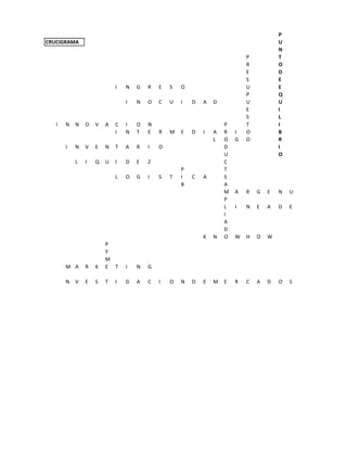P
CRUCIGRAMA U
N
P T
R O
E D
S E
I N G R E S O U E
P Q
I N O C U I D A D U U
E I
S L
I N N O V A C I O N P T I
I N T E R M E D I A R I O B
L O G O R
I N V E N T A R I O D I
U O
L I Q U I D E Z C
P T
L O G I S T I C A S
B A
M A R G E N U
P
L I N E A D E
I
A
D
K N O W H O W
P
Y
M
M A R K E T I N G
N V E S T I G A C I O N D E M E R C A D O S
 