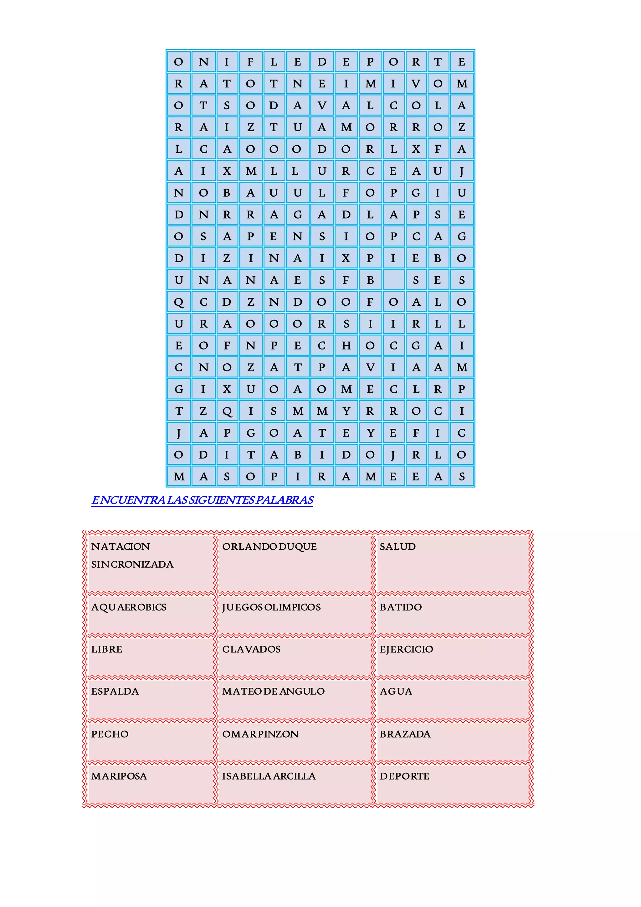 Sopa de letras. Natación | DOCX
