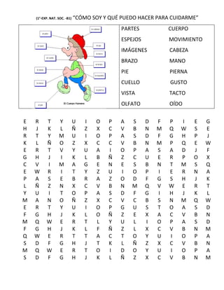 (1°-EXP. NAT. SOC. -B1)   “CÓMO SOY Y QUÉ PUEDO HACER PARA CUIDARME”
                                              PARTES            CUERPO
                                              ESPEJOS           MOVIMIENTO
                                              IMÁGENES          CABEZA
                                              BRAZO             MANO
                                              PIE               PIERNA
                                              CUELLO            GUSTO
                                              VISTA             TACTO
                                              OLFATO            OÍDO


E   R     T       Y           U   I   O   P   A     S   D   F   P   I    E   G
H   J     K       L           Ñ   Z   X   C   V     B   N   M   Q   W    S   E
R   T     Y       M           U   I   O   P   A     S   D   F   G   H    P   J
K   L     Ñ       O           Z   X   C   C   V     B   N   M   P   Q    E   W
E   R     T       V           Y   U   A   I   O     P   A   S   A   D    J   F
G   H     J       I           K   L   B   Ñ   Z     C   U   E   R   P    O   X
C   V     I       M           A   G   E   N   E     S   B   N   T   M    S   Q
E   W     R       I           T   Y   Z   U   I     O   P   I   E   R    N   A
P   A     S       E           B   R   A   Z   O     D   F   G   S   H    J   K
L   Ñ     Z       N           X   C   V   B   N     M   Q   V   W   E    R   T
Y   U     I       T           O   P   A   S   D     F   G   I   H   J    K   L
M   A     N       O           Ñ   Z   X   C   V     C   B   S   N   M    Q   W
E   R     T       Y           U   I   O   P   G     U   S   T   O   A    S   D
F   G     H       J           K   L   O   Ñ   Z     E   X   A   C   V    B   N
M   Q     W       E           R   T   L   Y   U     L   I   O   P   A    S   D
F   G     H       J           K   L   F   Ñ   Z     L   X   C   V   B    N   M
Q   W     E       R           T   T   A   C   T     O   Y   U   I   O    P   A
S   D     F       G           H   J   T   K   L     Ñ   Z   X   C   V    B   N
M   Q     W       E           R   T   O   I   D     O   Y   U   I   O    P   A
S   D     F       G           H   J   K   L   Ñ     Z   X   C   V   B    N   M
 