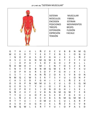 (3°-C. NAT.-B1)   “SISTEMA MUSCULAR”



                                            SISTEMA             MUSCULAR
                                            MÚSCULOS            FIBRAS
                                            ENCOGEN            ESTIRAN
                                            POSICIONES         MOVIMIENTOS
                                            TRÍCEPS            BÍCEPS
                                            EXTENSIÓN          FLEXIÓN
                                            EXPRESIÓN          FACIALE
                                            TENSIÓN




G   T   H   J   K       L       Ñ Z        X   C    V      B    B   N   M    Q
W   E   E   R   T       Y       E X        T   E    N      S    I   O   N    U
I   N   O   P   A       S       D F        G   H    J      K    C   L   Ñ    Z
X   S   C   V   B       N       M Q        W   E    R      T    E   Y   F    U
I   I   O   P   A       F       S D        F   G    H      J    P   K   L    L
Ñ   O   M   O   V       I       M I        E   N    T      O    S   Z   E    X
C   N   V   T   B       B       N M        Q   W    E      R    T   Y   X    U
I   O   P   R   A       R       S D        F   P    G      H    J   K   I    L
E   S   T   I   R       A       N Ñ        Z   O    X      C    V   B   O    N
N   M   Q   C   W       S       E R        T   S    Y      U    I   O   N    P
C   A   S   E   D       F       G H        J   I    K      L    Ñ   Z   X    C
O   V   B   P   N       M       M U        S   C    U      L    O   S   Q    W
G   E   R   S   T       Y       U I        O   I    P      A    S   I   D    F
E   X   P   R   E       S       I O        N   O    G      H    J   S   K    L
N   Ñ   Z   X   F       C       V B        N   N    M      Q    W   T   E    R
T   Y   U   I   A       O       P A        S   E    D      F    G   E   H    J
K   L   Ñ   Z   C       X       C V        B   S    N      M    Q   M   W    E
R   T   Y   U   I       I       O M        U   S    C      U    L   A   R    P
A   S   D   F   A       G       H J        K   L    Ñ      Z    X   C   V    B
N   M   Q   W   L       E       R T        Y   U    I      O    P   A   S    D
 