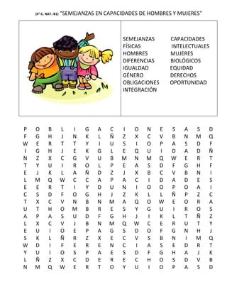 (4°-C. NAT.-B1)   “SEMEJANZAS EN CAPACIDADES DE HOMBRES Y MUJERES”



                                           SEMEJANZAS      CAPACIDADES
                                           FÍSICAS         INTELECTUALES
                                           HOMBRES         MUJERES
                                           DIFERENCIAS     BIOLÓGICOS
                                           IGUALDAD        EQUIDAD
                                           GÉNERO          DERECHOS
                                           OBLIGACIONES    OPORTUNIDAD
                                           INTEGRACIÓN




P   O       B         L   I   G   A   C   I    O   N   E   S   A   S     D
F   G       H         J   N   K   L   Ñ   Z    X   C   V   B   N   M     Q
W   E       R         T   T   Y   I   U   S    I   O   P   A   S   D     F
I   G       H         J   E   K   G   L   E    Q   U   I   D   A   D     Ñ
N   Z       X         C   G   V   U   B   M    N   M   Q   W   E   R     T
T   Y       U         I   R   O   L   P   E    A   S   D   F   G   H     F
E   J       K         L   A   Ñ   D   Z   J    X   B   C   V   B   N     I
L   M       Q         W   C   C   A   P   A    C   I   D   A   D   E     S
E   E       R         T   I   Y   D   U   N    I   O   O   P   O   A     I
C   S       D         F   O   G   H   J   Z    K   L   L   Ñ   P   Z     C
T   X       C         V   N   B   N   M   A    Q   O   W   E   O   R     A
U   T       H         O   M   B   R   E   S    Y   G   U   I   R   O     S
A   P       A         S   U   D   F   G   H    J   I   K   L   T   Ñ     Z
L   X       C         V   J   B   N   M   Q    W   C   E   R   U   T     Y
E   U       I         O   E   P   A   G   S    D   O   F   G   N   H     J
S   K       L         Ñ   R   Z   X   E   C    V   S   B   N   I   M     Q
W   D       I         F   E   R   E   N   C    I   A   S   E   D   R     T
Y   U       I         O   S   P   A   E   S    D   F   G   H   A   J     K
L   Ñ       Z         X   C   D   E   R   E    C   H   O   S   D   V     B
N   M       Q         W   E   R   T   O   Y    U   I   O   P   A   S     D
 