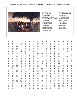 (5°-HISTORIA-B1)   “PROPUESTAS DE GOBIERNO: FEDERALISTAS Y CENTRALISTAS”



                                              REPÚBLICA        FEDERALISTAS
                                              CENTRALISTAS     PODERES
                                              DEPARTAMENTOS    AUTORIDAD
                                              CENTRAL          EJECUTIVO
                                              LEGISLATIVO       JUDICIAL
                                              SUPREMO          PODER
                                              SOBERANOS        CÁMARA
                                              DIPUTADOS




E       R      T        Y   U    I   O   P   A    S   D   F   G    H   J      K
L       Ñ      Z        X   C    V   J   U   D    I   C   I   A    L   B      N
M       Q      W        E   R    T   Y   U   I    O   P   A   S    E   D      F
P       O      D        E   R    G   H   C   J    K   L   Ñ   Z    G   X      C
V       B      E        N   M    Q   W   E   J    E   C   U   T    I   V      O
E       R      P        T   Y    U   I   N   O    P   A   S   D    S   F      G
H       J      A        K   L    Ñ   Z   T   X    C   V   B   N    L   M      Q
W       E      R        R   T    Y   U   R   I    O   P   F   A    A   S      D
A       U      T        O   R    I   D   A   D    F   G   E   H    T   J      P
K       L      A        Ñ   Z    X   C   L   V    B   N   D   M    I   Q      O
S       W      M        R   E    T   Y   U   I    O   P   E   A    V   S      D
O       D      E        S   U    P   R   E   M    O   F   R   G    O   H      E
B       J      N        K   L    Ñ   Z   X   C    V   B   A   N    M   Q      R
E       W      T        E   R    T   Y   U   I    O   P   L   A    S   C      E
R       D      O        F   C    E   N   T   R    A   L   I   S    T   A      S
A       G      S        H   J    K   L   Ñ   Z    X   C   S   V    B   M      N
N       M      Q        W   E    R   T   Y   U    I   O   T   P    A   A      S
O       D      F        R   E    P   U   B   L    I   C   A   G    H   R      J
S       K      L        Ñ   Z    X   C   V   B    N   M   S   Q    W   A      E
R       D      I        P   U    T   A   D   O    S   T   Y   U    I   O      P
 