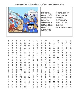 (5°-HISTORIA-B1)   “LA ECONOMÍA DESPUÉS DE LA INDEPENDENCIA”



                                            ECONOMÍA          INDEPENDENCIA
                                            PRODUCCIÓN        AGRICULTURA
                                            EXPLOTACIÓN       MINERÍA
                                            POBREZA           SUBSISTENCIA
                                            CRECIMIENTO       EMPRESARIOS
                                            EXTRANJEROS       INGLESES
                                            FRANCESES         ESTADOUNIDENSES
                                            IMPUESTOS




I   A    F      S          C   R   E   C   I   M    I     E    N   T   O   D
M   F    R      G          H   A   J   K   E   L    Ñ     S    Z   X   C   V
P   B    A      N          M   G   Q   W   M   E    R     T    T   Y   U   I
U   O    N      P          A   R   S   D   P   F    G     A    H   J   S   K
E   L    C      Ñ          Z   I   X   C   R   V    B     D    N   M   U   Q
S   W    E      E          R   C   T   Y   E   U    I     O    O   P   B   A
T   S    S      D          F   U   G   H   S   J    K     U    L   Ñ   S   Z
O   E    E      E          X   L   C   V   A   B    N     N    M   Q   I   W
S   X    S      C          E   T   R   T   R   Y    U     I    E   I   S   O
P   P    R      O          D   U   C   C   I   O    N     D    X   A   T   S
D   L    F      N          G   R   H   J   O   K    L     E    T   Ñ   E   Z
X   O    C      O          V   A   B   N   S   M    M     N    R   Q   N   W
E   T    R      M          T   Y   U   I   O   I    P     S    A   A   C   S
D   A    F      I          N   D   E   P   E   N    D     E    N   C   I   A
G   C    H      A          J   K   L   Ñ   Z   E    X     S    J   C   A   V
B   I    N      M          Q   W   E   R   T   R    Y     U    E   I   O   P
P   O    B      R          E   Z   A   A   S   I    D     F    R   G   H   J
K   N    L      Ñ          Z   X   C   V   B   A    N     M    O   Q   W   E
R   T    Y      U          I   I   N   G   L   E    S     E    S   O   P   A
S   D    F      G          H   J   K   L   Ñ   Z    X     C    V   B   N   M
 