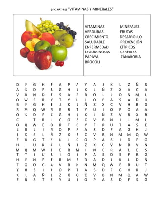 (5°-C. NAT.-B1)   “VITAMINAS Y MINERALES”



                                          VITAMINAS         MINERALES
                                          VERDURAS          FRUTAS
                                          CRECIMIENTO       DESARROLLO
                                          SALUDABLE         PREVENCIÓN
                                          ENFERMEDAD        CÍTRICOS
                                          LEGUMINOSAS       CEREALES
                                          PAPAYA            ZANAHORIA
                                          BRÓCOLI




D   F   G   H   P      A          P   A   Y   A    J   K    L   Z   Ñ    S
A   S   D   F   R      G          H   J   K   L    Ñ   Z    X   A   C    A
V   B   N   D   E      S          A   R   R   O    L   L    O   N   M    L
Q   W   E   R   V      T          Y   U   I   O    P   A    S   A   D    U
B   F   G   H   E      J          K   L   Ñ   Z    X   C    V   H   B    D
R   M   Q   W   N      E          R   T   Y   U    I   O    P   O   A    A
O   S   D   F   C      G          H   J   K   L    Ñ   Z    V   R   X    B
C   I   T   R   I      C          O   S   C   V    B   N    I   I   M    L
O   Q   W   E   O      R          T   C   Y   F    R   U    T   A   S    E
L   U   L   I   N      O          P   R   A   S    D   F    A   G   H    J
I   K   E   L   Ñ      Z          X   E   C   V    B   N    M   M   Q    W
E   R   G   T   Y      U          I   C   O   P    A   S    I   D   F    G
H   J   U   K   C      L          Ñ   I   Z   X    C   V    N   B   V    N
M   Q   M   W   E      E          R   M   I   N    E   R    A   L   E    S
T   Y   I   U   R      I          O   I   P   A    S   D    S   F   R    G
H   E   N   F   E      R          M   E   D   A    D   J    K   L   D    Ñ
Z   X   O   C   A      V          B   N   N   M    Q   W    E   R   U    T
Y   U   S   I   L      O          P   T   A   S    D   F    G   H   R    J
K   L   A   Ñ   E      Z          X   O   C   V    B   N    M   Q   A    W
E   R   S   T   S      Y          U   I   O   P    A   S    D   F   S    G
 
