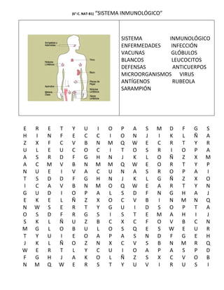 (6°-C. NAT-B1)   “SISTEMA INMUNOLÓGICO”



                                         SISTEMA       INMUNOLÓGICO
                                         ENFERMEDADES   INFECCIÓN
                                         VACUNAS        GLÓBULOS
                                         BLANCOS        LEUCOCITOS
                                         DEFENSAS        ANTICUERPOS
                                         MICROORGANISMOS VIRUS
                                         ANTÍGENOS       RUBEOLA
                                         SARAMPIÓN




E   R   E   T   Y      U         I   O   P   A   S   M    D   F   G   S
H   I   N   F   E      C         C   I   O   N   J   I    K   L   Ñ   A
Z   X   F   C   V      B         N   M   Q   W   E   C    R   T   Y   R
U   L   E   U   C      O         C   I   T   O   S   R    I   O   P   A
A   S   R   D   F      G         H   N   J   K   L   O    Ñ   Z   X   M
A   C   M   V   B      N         M   M   Q   W   E   O    R   T   Y   P
N   U   E   I   V      A         C   U   N   A   S   R    O   P   A   I
T   S   D   D   F      G         H   N   J   K   L   G    Ñ   Z   X   O
I   C   A   V   B      N         M   O   Q   W   E   A    R   T   Y   N
G   U   D   I   O      P         A   L   S   D   F   N    G   H   A   J
E   K   E   L   Ñ      Z         X   O   C   V   B   I    N   M   N   Q
N   W   S   E   R      T         Y   G   U   I   D   S    O   P   T   A
O   S   D   F   R      G         S   I   S   T   E   M    A   H   I   J
S   K   L   Ñ   U      Z         B   C   X   C   F   O    V   B   C   N
M   G   L   O   B      U         L   O   S   Q   E   S    W   E   U   R
T   Y   U   I   E      O         A   P   A   S   N   D    F   G   E   H
J   K   L   Ñ   O      Z         N   X   C   V   S   B    N   M   R   Q
W   E   R   T   L      Y         C   U   I   O   A   P    A   S   P   D
F   G   H   J   A      K         O   L   Ñ   Z   S   X    C   V   O   B
N   M   Q   W   E      R         S   T   Y   U   V   I    R   U   S   I
 