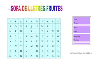 MARTINA TORRALBO MARTINEZ 6è B
P L À T A N F X P K
I O P A J S M F I I
M P M L L I P Y N M
A G J A M B E V Y O
N C A N Y R R L A N
G N T V M M A L O L
O B H Ñ H O I C U L
M A N D A R I N A S
Poma
Mango
Plàtan
Pinya
Mangrana
Maduixa
Mandarina
 