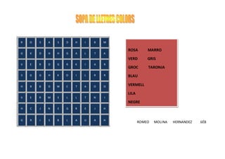 ROMEO MOLINA HERNANDEZ 6ÉB
R O S A S D H I B M
G K D H H G A L T A
V E R D G R K I A R
S G G H K O I L R R
H R B D W C T A O O
V E R M E L L T N I
H C J N E G R E J H
G R I S B L A U A H
ROSA MARRO
VERD GRIS
GROC TARONJA
BLAU
VERMELL
LILA
NEGRE
 