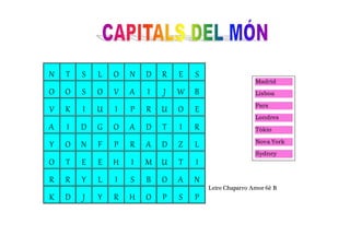 Leire Chaparro Amor 6è B
N T S L O N D R E S
O O S O V A I J W B
V K I U I P R U O E
A I D G O A D T I R
Y O N F P R A D Z L
O T E E H I M U T I
R R Y L I S B O A N
K D J Y R H O P S P
Madrid
Lisboa
Pars
Londres
Tòkio
Nova York
Sydney
Berlín
 