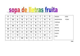 A R A N J A G E R D
P M A N D A R I N A
L L P R E S A C S L
O M A G R A N A O A
M F D T A R O N J A
P O M A O M Q R T U
G I N J O L K I W I
R A I M N E S P L A
Izan
ARANJA GERD
MANDARINA POMA
TARONJA
RAÏM
NESPLA
PLATAN
GINJOL
KIWI
 