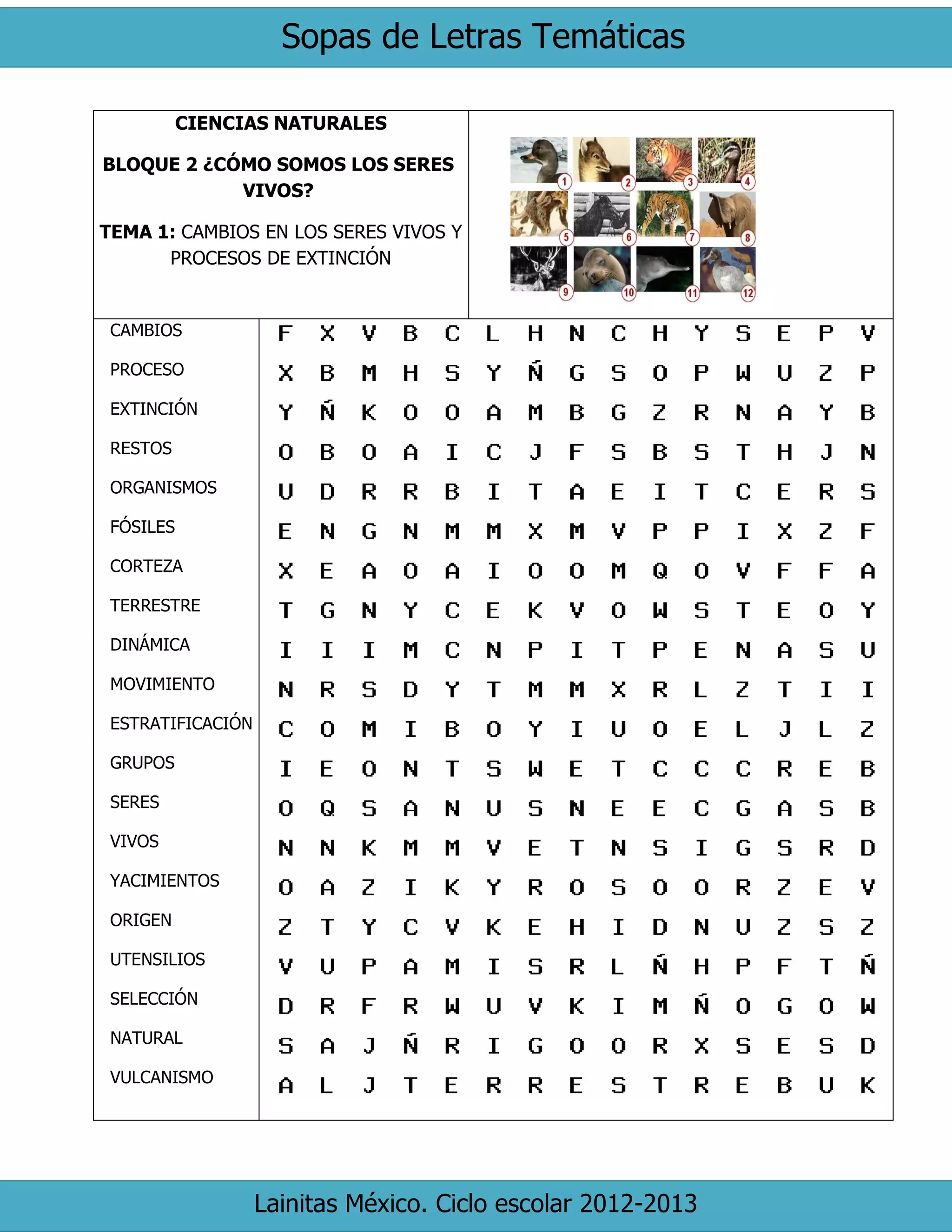 Sopas de Letras Temáticas 
Lainitas México. Ciclo escolar 2012-2013 
CIENCIAS NATURALES 
BLOQUE 2 ¿CÓMO SOMOS LOS SERES VIVOS? 
TEMA 1: CAMBIOS EN LOS SERES VIVOS Y PROCESOS DE EXTINCIÓN 
CAMBIOS 
PROCESO 
EXTINCIÓN 
RESTOS 
ORGANISMOS 
FÓSILES 
CORTEZA 
TERRESTRE 
DINÁMICA 
MOVIMIENTO 
ESTRATIFICACIÓN 
GRUPOS 
SERES 
VIVOS 
YACIMIENTOS 
ORIGEN 
UTENSILIOS 
SELECCIÓN 
NATURAL 
VULCANISMO 
 