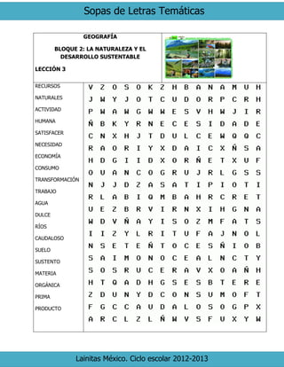 Sopas de Letras Temáticas 
Lainitas México. Ciclo escolar 2012-2013 
GEOGRAFÍA 
BLOQUE 2: LA NATURALEZA Y EL DESARROLLO SUSTENTABLE 
LECCIÓN 3 
RECURSOS 
NATURALES 
ACTIVIDAD 
HUMANA 
SATISFACER 
NECESIDAD 
ECONOMÍA 
CONSUMO 
TRANSFORMACIÓN 
TRABAJO 
AGUA 
DULCE 
RÍOS 
CAUDALOSO 
SUELO 
SUSTENTO 
MATERIA 
ORGÁNICA 
PRIMA 
PRODUCTO 
 
