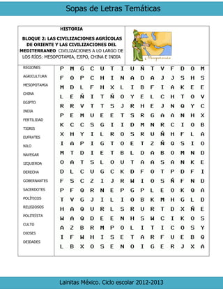 Sopas de Letras Temáticas 
Lainitas México. Ciclo escolar 2012-2013 
HISTORIA 
BLOQUE 2: LAS CIVILIZACIONES AGRÍCOLAS DE ORIENTE Y LAS CIVILIZACIONES DEL MEDITERRANEO CIVILIZACIONES A LO LARGO DE LOS RÍOS: MESOPOTAMIA, EJIPO, CHINA E INDIA 
REGIONES 
AGRICULTURA 
MESOPOTAMIA 
CHINA 
EGIPTO 
INDIA 
FERTILIDAD 
TIGRIS 
EUFRATES 
NILO 
NAVEGAR 
IZQUIERDA 
DERECHA 
GOBERNANTES 
SACERDOTES 
POLÍTICOS 
RELIGIOSOS 
POLITEÍSTA 
CULTO 
DIOSES 
DEIDADES 
 