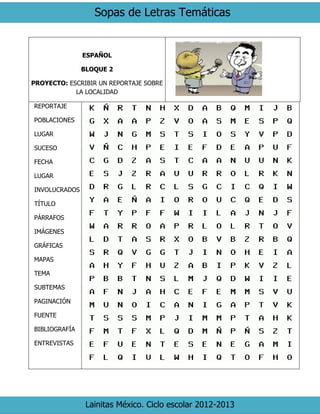 Sopas de Letras Temáticas 
Lainitas México. Ciclo escolar 2012-2013 
ESPAÑOL 
BLOQUE 2 
PROYECTO: ESCRIBIR UN REPORTAJE SOBRE LA LOCALIDAD 
REPORTAJE 
POBLACIONES 
LUGAR 
SUCESO 
FECHA 
LUGAR 
INVOLUCRADOS 
TÍTULO 
PÁRRAFOS 
IMÁGENES 
GRÁFICAS 
MAPAS 
TEMA 
SUBTEMAS 
PAGINACIÓN 
FUENTE 
BIBLIOGRAFÍA 
ENTREVISTAS 
 
