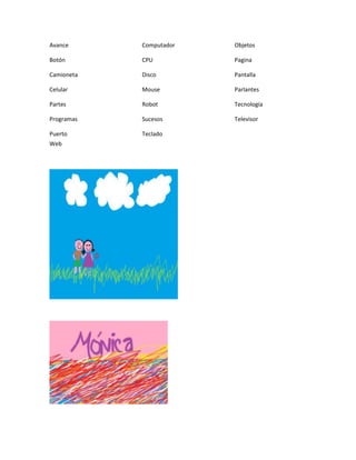 Avance Computador Objetos
Botón CPU Pagina
Camioneta Disco Pantalla
Celular Mouse Parlantes
Partes Robot Tecnología
Programas Sucesos Televisor
Puerto Teclado
Web