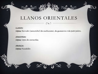 Llanos orientalesLLANOS: Sopas: Hervido (sancocho) de cachicamo, de gumarra o de pato pelón.AMAZONAS: Sopas: Sopa de caracoles. ARAUCA: Sopas: Picadillo. 
