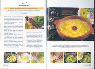 ~
                                            Caldo verde
il
                      4 personas. tiempo de preparación: 30 min . tiempo de cocción: 30min

              400 g de patatas para puré. 1/4 de col rizada, de preferencia la variedad gallega
          100 g de chorizo suave.    1 cebolla gruesa.   1 diente de ajo. 1 chorrito de aceite de oliva
     r                                           sal. pimienta


     Pelar las patatas, la cebolla y el ajo. Cortar
     las patatas en pedazos y laminar el diente
     de ajo después de haber extraído la semi-
     lla. Ponerlos en una olla con la cebolla
     entera. Cubrir con agua, llevar a ebullición
     y cocer durante 20 mino
     Retirar las patatas de la olla y reservar el
     agua de la cocción con la cebolla y el ajo.
     Aplastarlas'con un tenedor y reservar el
     puré obtenido.
     Separar las hojas de la col y extraer el
     cogollo. Enrollar cada hoja y cortarlas en
                                                                 En Portugal, rusticidad es sinónimo de
     tiras finas. Reservar.
                                                              gula y buen sabor. El célebre caldo verde
     Cortar el chorizo en lonchas finas. Si su
                                                                es el ejemplo más puro. En efecto, las
     piel es gruesa, extraerla. Retirar la cebolla             sopas mantienen el pabellón bien alto
     y el ajo del agua de cocer las patatas.                   cuando se trata de iniciar una comida y
     Poner a fuego vivo y añadir las tiras de col               ésta se lleva la palma de los entrantes
     y las lonchas de chorizo.                                más apreciados, tanto en verano como en
     Incorporar el puré de patatas, salpimentar.                   invierno. Gracias a los taberneros
     Llevar el preparado a ebullición y conti-                   llegados del norte de Portugal, región
     nuar la cocción durante 5 mino Verter en                      originaria de esta preparación, este
                                                                  espeso caldo ha llegado a los cuatro            ¿Existe algo más sencillo que unas patatas y una rodaja de chorizo, coronadas por una
     recipientes y servir muy caliente, rociado
     con un chorrito de aceite de oliva.                       rincones del pais, convirtiéndose de este        guirnalda de col verde rizada? El caldo verde se acompaña tradicionalmente de broa, pan
                                                                        modo en la sopa nacional.                                  a base de harina de maíz con la miga muy prensada.
                                                                                                           Ii



                                                                                                           ,




                                                                                                           I


     liE] Sopas   I                                                                                                                                                                         ICaldo verde   ~


                                                                                                           I
 