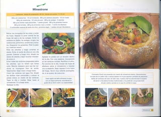 ~
                                                  Minestrone
                        4 perso@§. tiemPo de preparaciÓn: 30 min..tiempo de. cocciÓn: 1 ti 15 miQ
                          --                -n
                                            ..             ----
                                                            ~        --            ~~._..-

               200 9 de calabacines     . 1/2 col lombarda . 200 9 de calabaza pequeña.      1/2 col rizada
                         200 9 de zanahorias.    1/2 rama de apio. 200 9 de acelgas . 2 cebollas
                 200 9 de alubias rojas precocidas . 1 patata gruesa.        200 9 de guisantes frescos
                   200 9 de tomates.      200 9 de pimientos rojos y verdes.     1 ramito de albahaca
               cucharadas      soperas de aceite de oliva. pimienta negra.     1 pedazo de pan (facultativo)



        Retirar los tronquitos de las coles y cortar
        las hojas. Separar la parte central de las
        hojas del apio y de las acelgas. Cortar la
        calabaza en dados, las acelgas, el apio, los
        calabacines, pimientos, zanahorias y toma-
        tes. Desgranar los guisantes. Pelar la pata-
        ta y reservar entera.
        Pelar las cebollas y luego cortarlas en
        dados. Echar el aceite de oliva en una olla
        grande. Calentar a fuego vivo. Añadir los
        dados de cebolla y dejar rezumar mezclan-               Aplastar la patata con un tenedor dentro
         do entre sí.                                           de la olla. Con una espátula, incorporarla
        Echar todas las verduras preparadas sobre               en las verduras cocidas. Rectificar el aliño.
         las cebollas, que no tienen que tomar                  Por encima de la olla, trocear las hojas de
        color. Mezclar despacio para que las ver-               albahaca sobre el minestrone y mezclar
         duras se impregnen       bien de aceite.               con la espátula. Dejar reposar 5 min fuera
         Salpimentar. Dejar cocer a fuego lento.                del fuego. Servir muy caliente acompaña-
         Cubrir las verduras con agua fría. Añadir              do, si se quiere, de cuscurros.
                                                                                                                   Francesca Ciardi nos presenta una receta de minestrone básica. Generalmente
         las alubias rojas precocidas y colocar la
                                                                                                                 se trata de un caldo más o menos espeso en el que aparece cantidad de pequeños
         patata entera en medio de las verduras.                     Cada región de Italia alimenta la sopa       dados de verduras de color. En este caso, nuestra chef ha abandonado la sopera
         Tapar la olla a medias. Dejar hacer el                      con un toque personal, recordando el            de servir o los platos hondos tradicionales y ha preferido una gruesa bola
         minestrone 1 h a fuego lento.                             gusto de su tierra natal o su especialidad.                   de pan rústico vaciada en la que ha vertido la sopa.
         Destapar la olla.




        r'44] Sopas I                                                                                                                                                                       I   Minestrone   í ~5il



.....
 